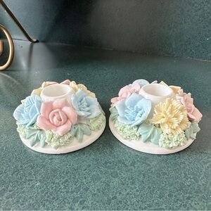 Pair of Vintage Shafford Porcelain Floral Candleholders